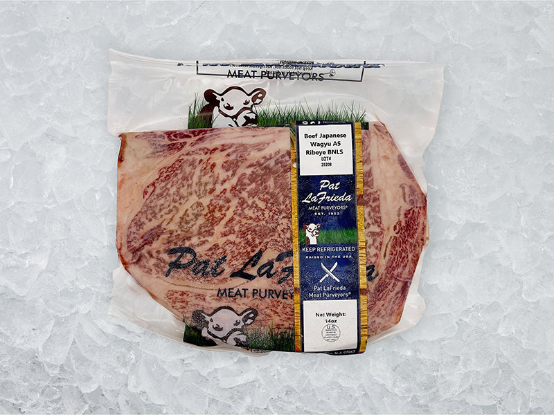 Japanese A5 Wagyu Ribeye front of package on ice