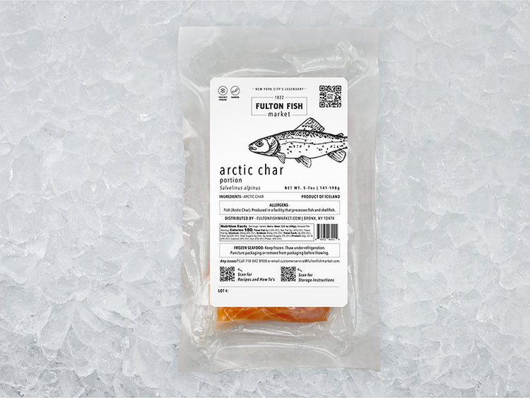 Arctic Char Portion Front of Package on Ice