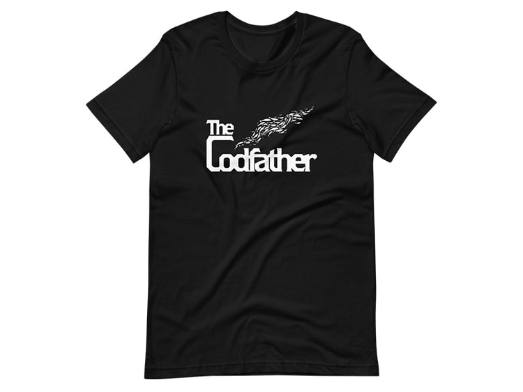 Front of the Codfather Black Unisex T-Shirt with white lettering