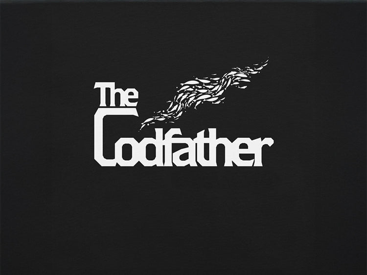Close up of The Codfather Black Unisex T-Shirt with white lettering