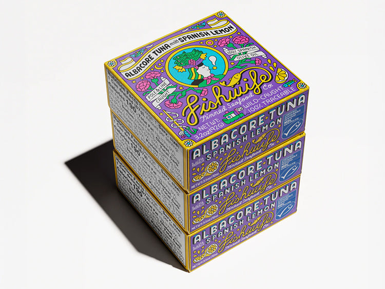 Three stacked boxes of Fishwife Albacore Tuna with Spanish Lemon on White Background