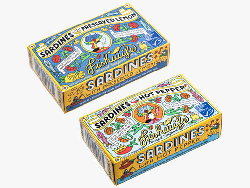 Fishwife Sardines with Perserved Lemon and Sardines with Hot Peppers Boxes on White Background