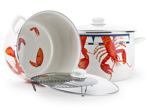 Golden Rabbit Enamelware Lobster Stock Pot with Lid on Next to Another Lobster Stock Pot On Side Showing the Inside of the Pot