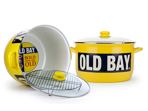 Golden Rabbit Enamelware Old Bay Stock Pot with Lid on Next to Another Old Bay Stock Pot On Side Showing the Inside of the Pot