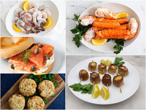 Peeled and Deveined Shrimp, Smoked Salmon, Crab Cakes, Center Cut Crab Legs, Bacon Wrapped Scallops