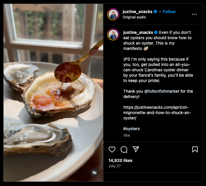 Screenshot of Instagram Post by @justinesnacks