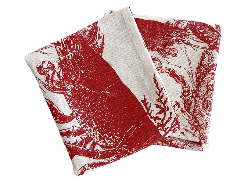 Two Folded Lobster Kitchen Towels on White Background