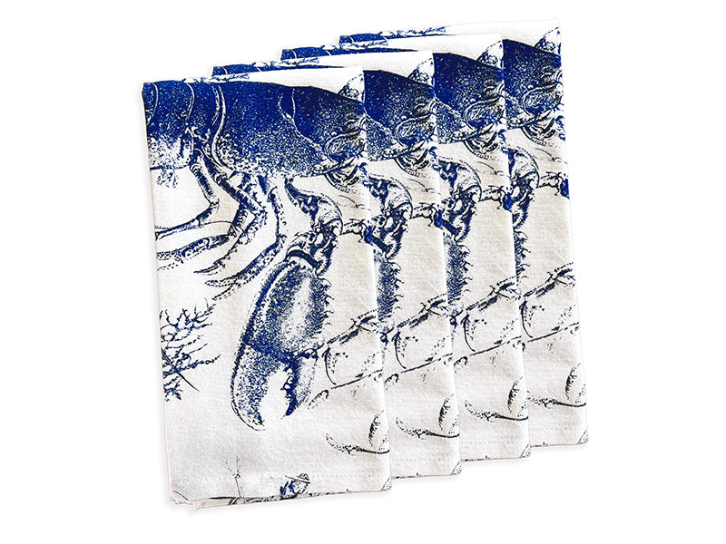 Four Blue Lobster Dinner Napkins on White Background