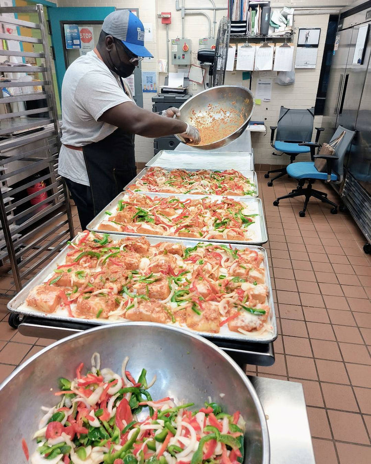 NY Common Pantry Preparing Seafood Meals with Seafood Donated by Fulton Fish Market