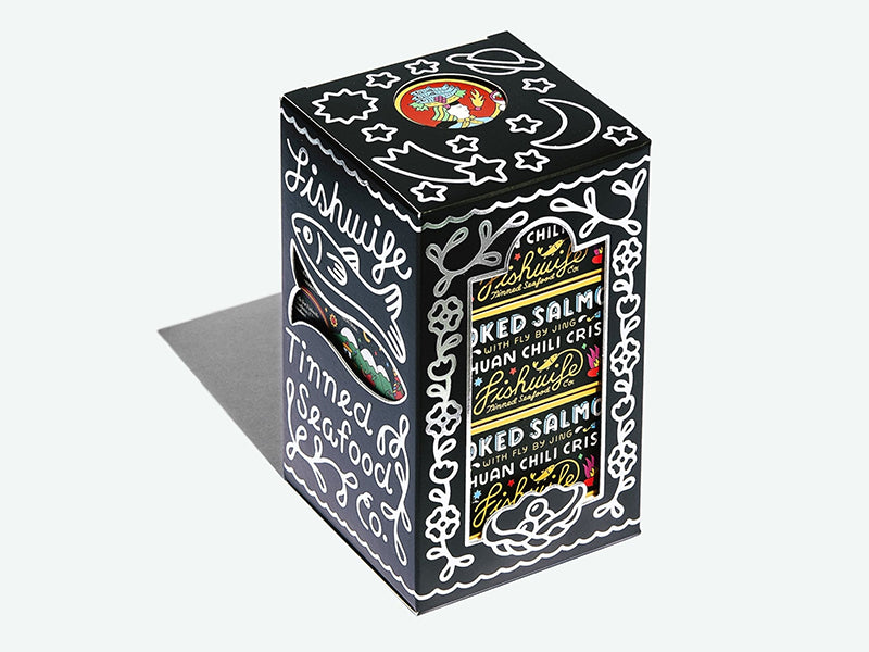 Fishwife Smoked Salmon with Fly By Jing Chili Crisp in Gift Box on White Background