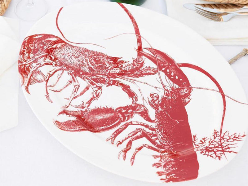 Red Lobsters Oval Rimmed Platter on  White Tablecloth