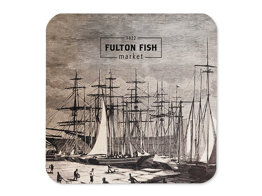 Square Coaster with Fulton Fish Market Logo and Illustration of Large Sailboats at the Harbor