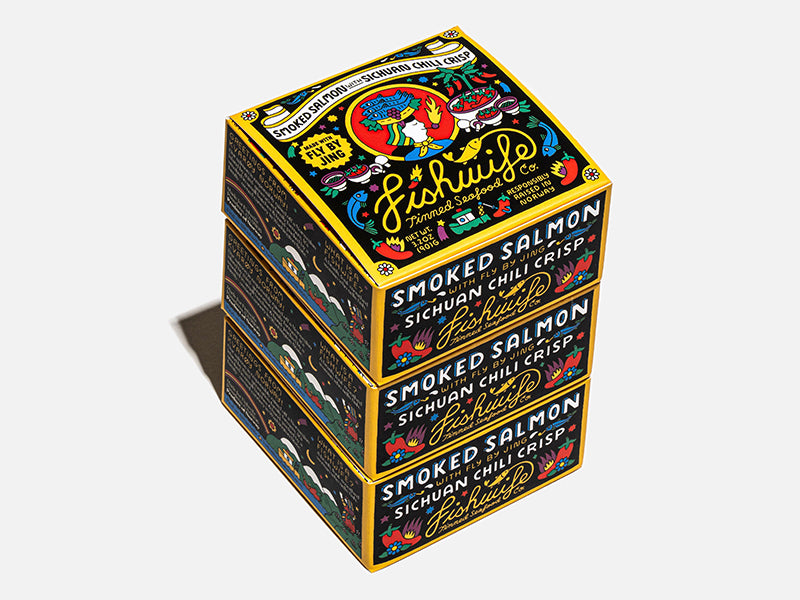 Fishwife Smoked Salmon with Fly By Jing Chili Crisp Stacked Boxes on White Background