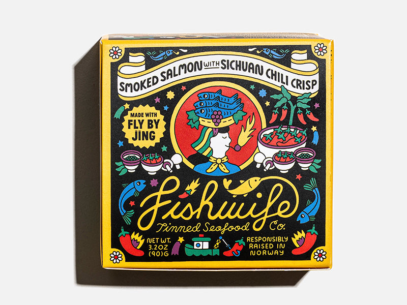 Fishwife Smoked Salmon with Fly By Jing Chili Crisp Top of Box on White Background