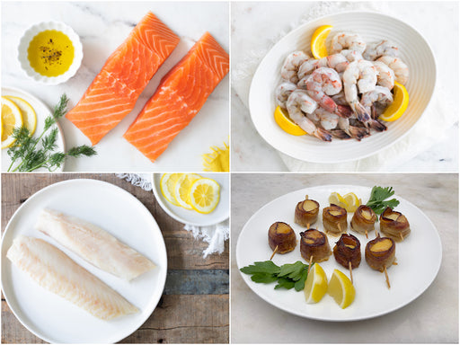Salmon Portions, Peeled Shrimp, Bacon-Wrapped Scallops, Cod Portions
