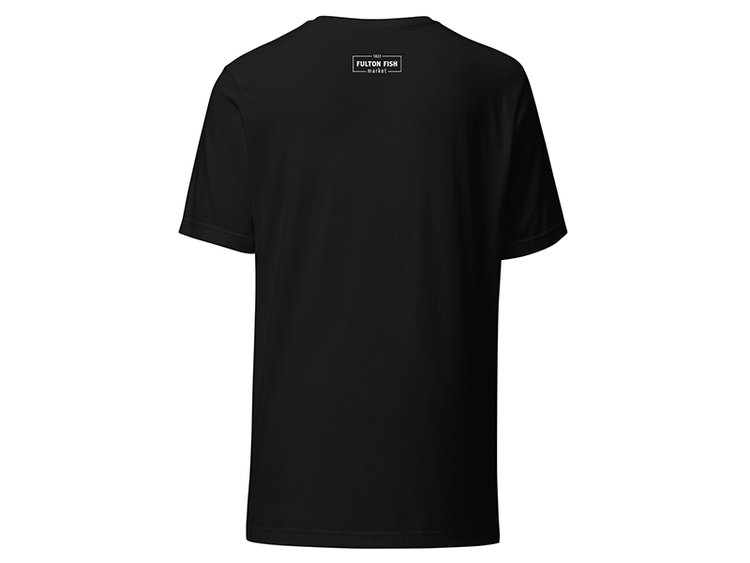 Back of Black Unisex T-Shirt with white Fulton Fish Market logo