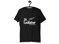Front of the Codfather of the Bronx Black Unisex T-Shirt with white lettering and on a hanger