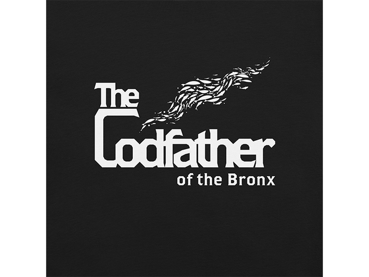 Front of the Codfather of the Bronx Black Unisex T-Shirt with white lettering