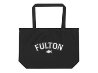 Black tote bag with 'FULTON' printed on it against a white background