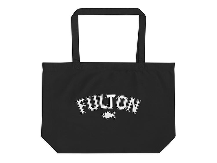 Black tote bag with 'FULTON' printed on it against a white background