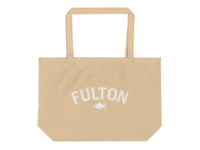 Beige tote bag with 'FULTON' text and fish icon on a white background