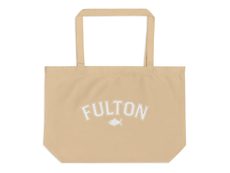Beige tote bag with 'FULTON' text and fish icon on a white background