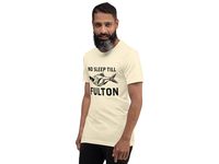 Front of Beige "No Sleep Till Fulton" T-Shirt with a fish with sunglasses on man