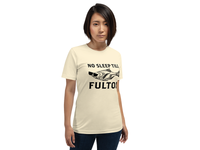 Front of Beige "No Sleep Till Fulton" T-Shirt with a fish with sunglasses on woman
