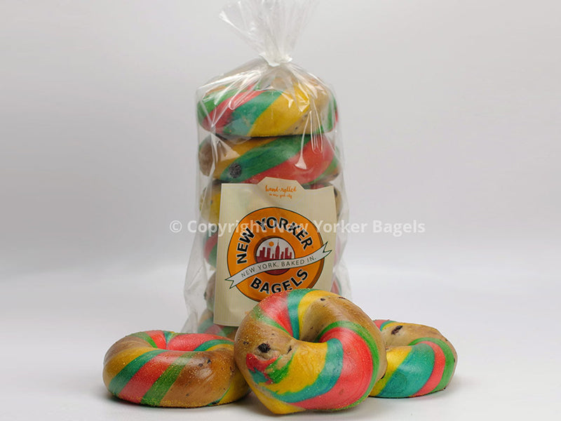 Rainbow Bagels in Front of Bagels in Package