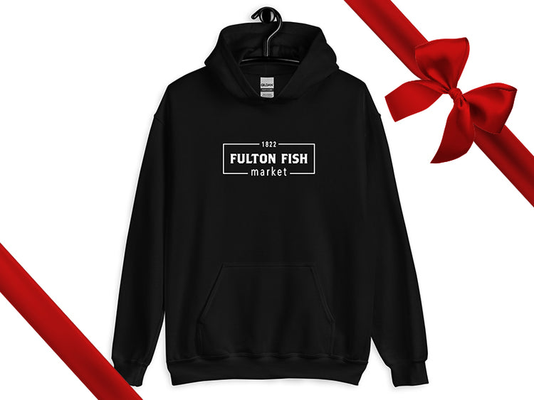Fulton Fish Market Black Hoodie Sweatshirt with Gift Bow Graphic on Top Right