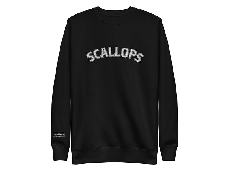 Black sweatshirt with 'SCALLOPS' text on a white background