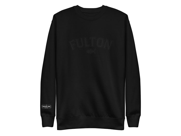 Black sweatshirt with 'Fulton' branding on a white background