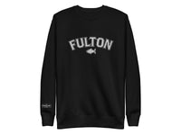 Black sweatshirt with 'FULTON' text on a white background