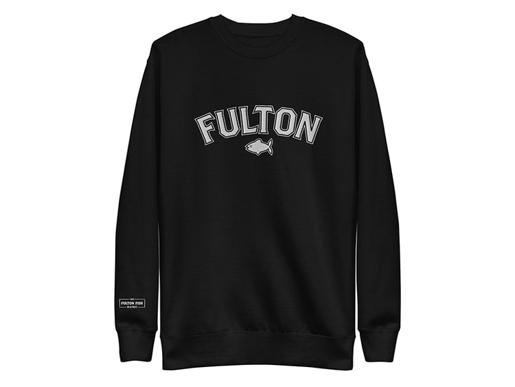 Black sweatshirt with 'FULTON' text on a white background