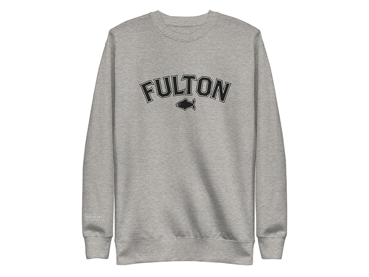 Gray sweatshirt with 'FULTON' text on a white background