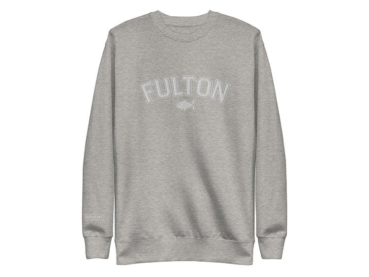 Gray sweatshirt with 'FULTON' text on a white background
