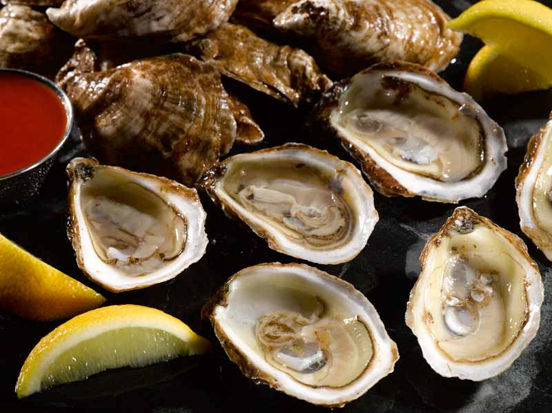 Opened Pink Moon Oysters on Dark Background with Lemon Wedges and Hot Sauce