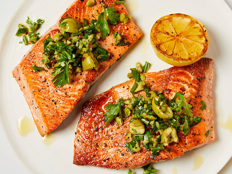 Seared Alaska Salmon with Green Olive Salsa Verde